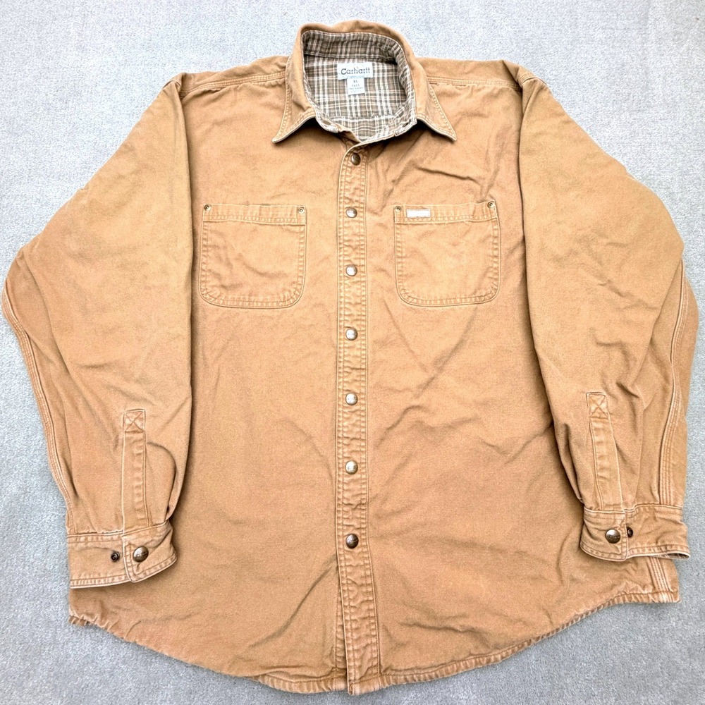 Carhartt Vintage Canvas Snap Front Shacket Flannel Lined Tan XL Tall Work Shirt